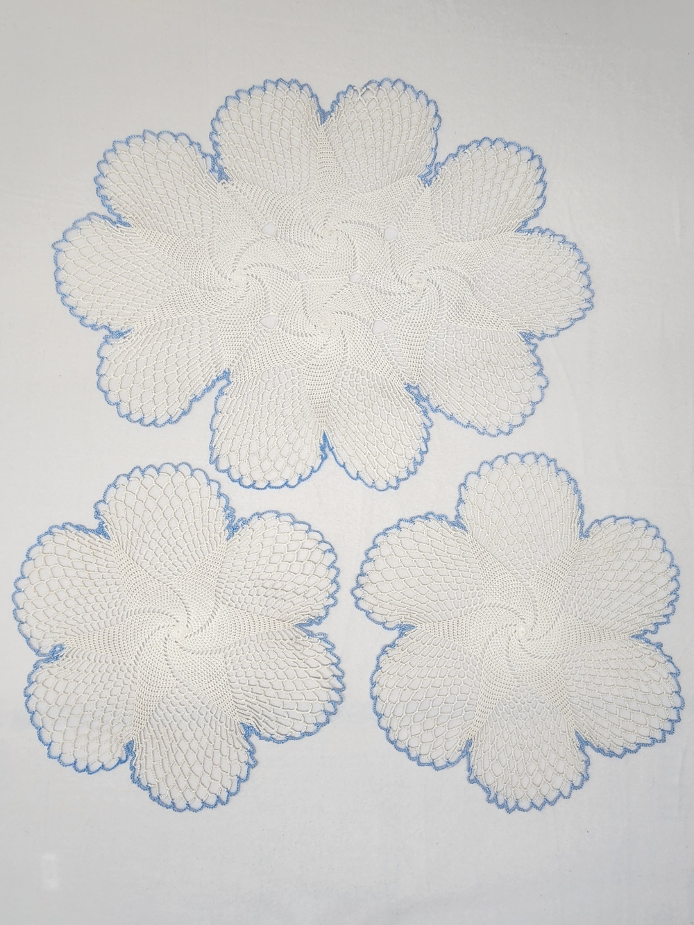 Handmade White Blue Crochet Doily Set 3pc Lace Modern Cottagecore Heirloom Decor